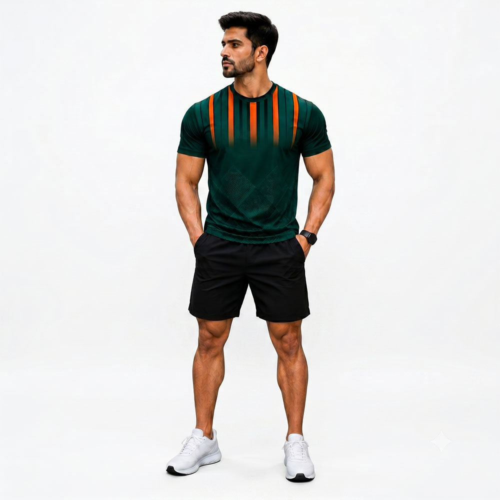 Custom training jersey and shorts combo featuring a dark green round neck jersey with orange vertical stripes and black pocket shorts.