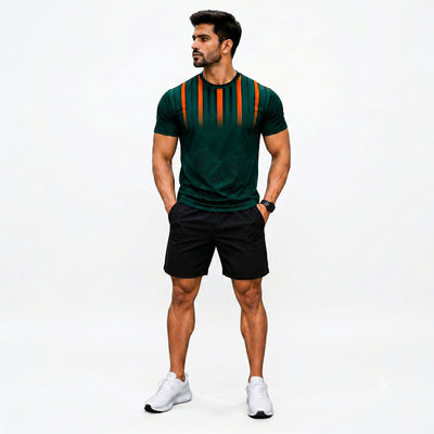 Custom training jersey and shorts combo featuring a dark green round neck jersey with orange vertical stripes and black pocket shorts.
