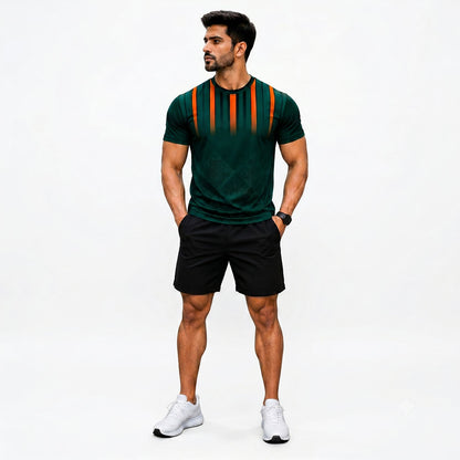 Custom training jersey and shorts combo featuring a dark green round neck jersey with orange vertical stripes and black pocket shorts.