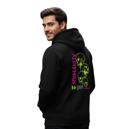 humanity hoodie, neon skull hoodie, graphic hoodie men, streetwear hoodie, skull print hoodie, black hoodie for men, 90s aesthetic hoodie, winter hoodie India