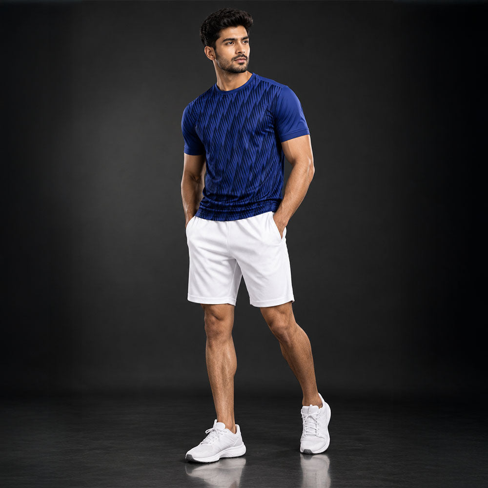 Model wearing navy jersey and white shorts set