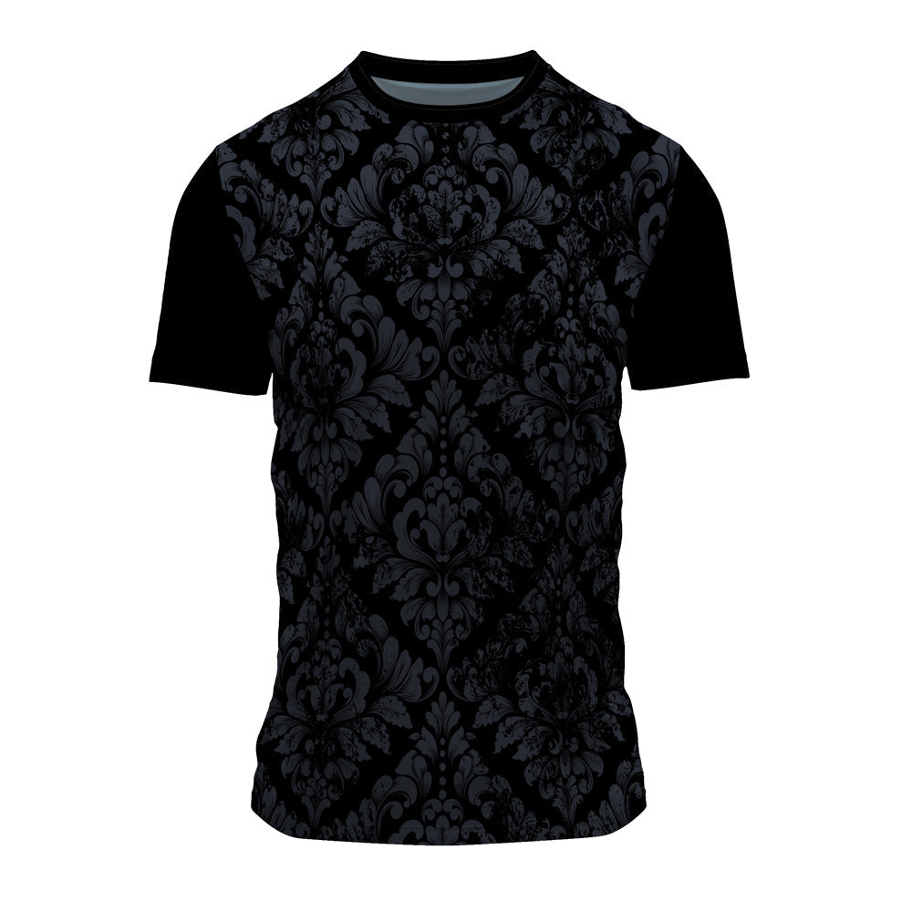 Black damask pattern round neck jersey front view
