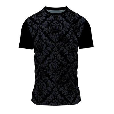 Black damask pattern round neck jersey front view