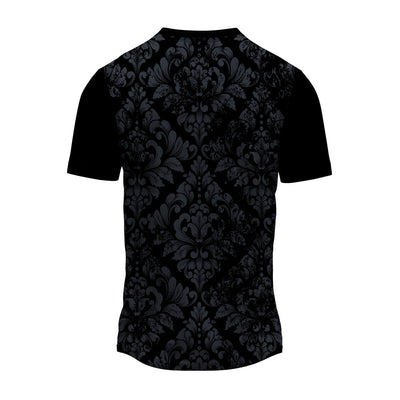 Black damask pattern round neck jersey back view