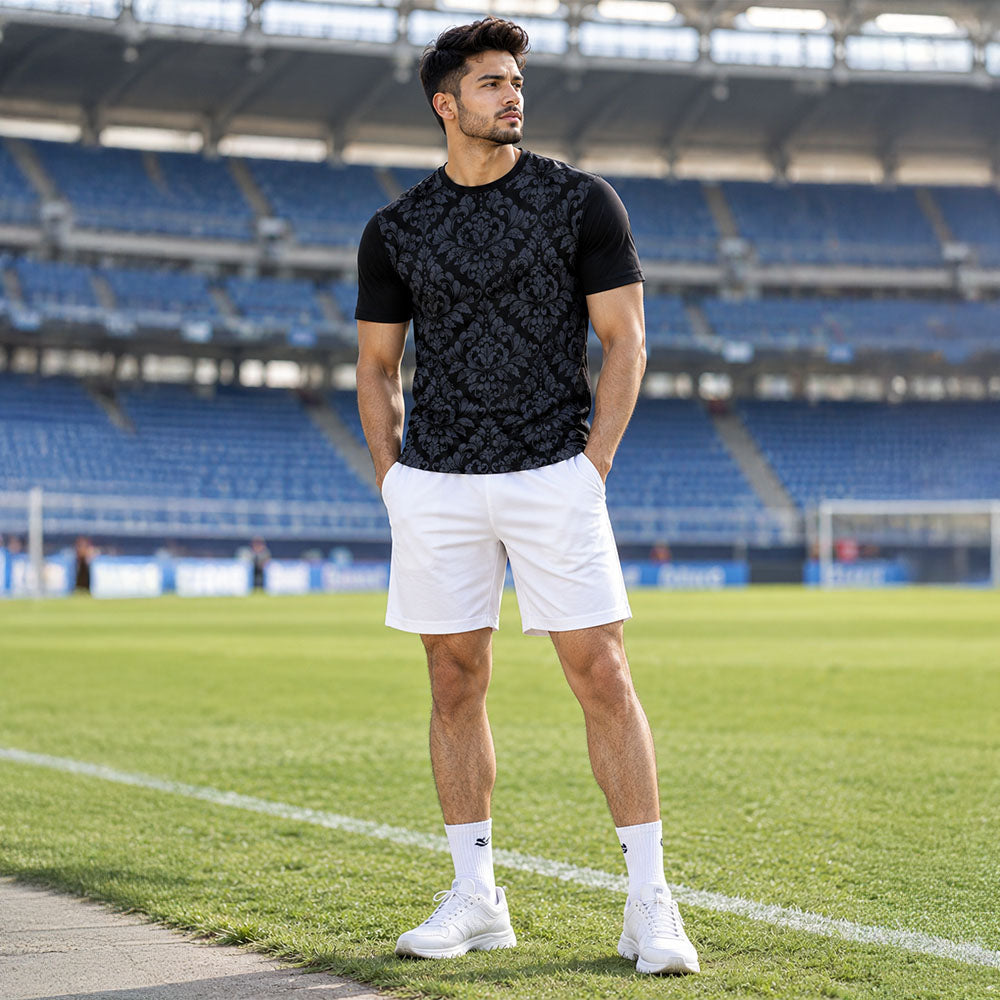Model wearing black damask jersey and white shorts set