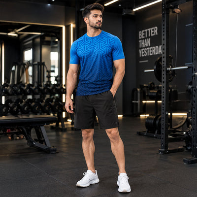 Model wearing blue geometric jersey and black shorts set