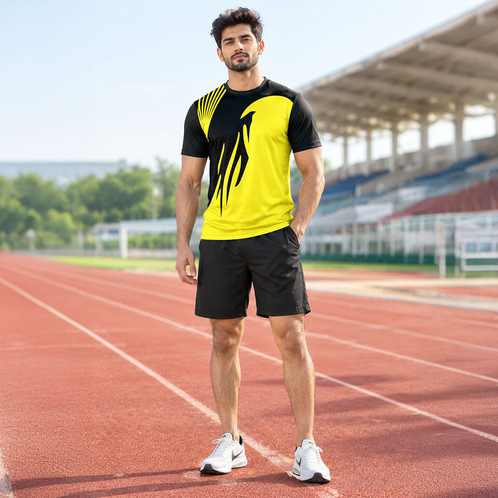 Model wearing yellow black jersey and black shorts set