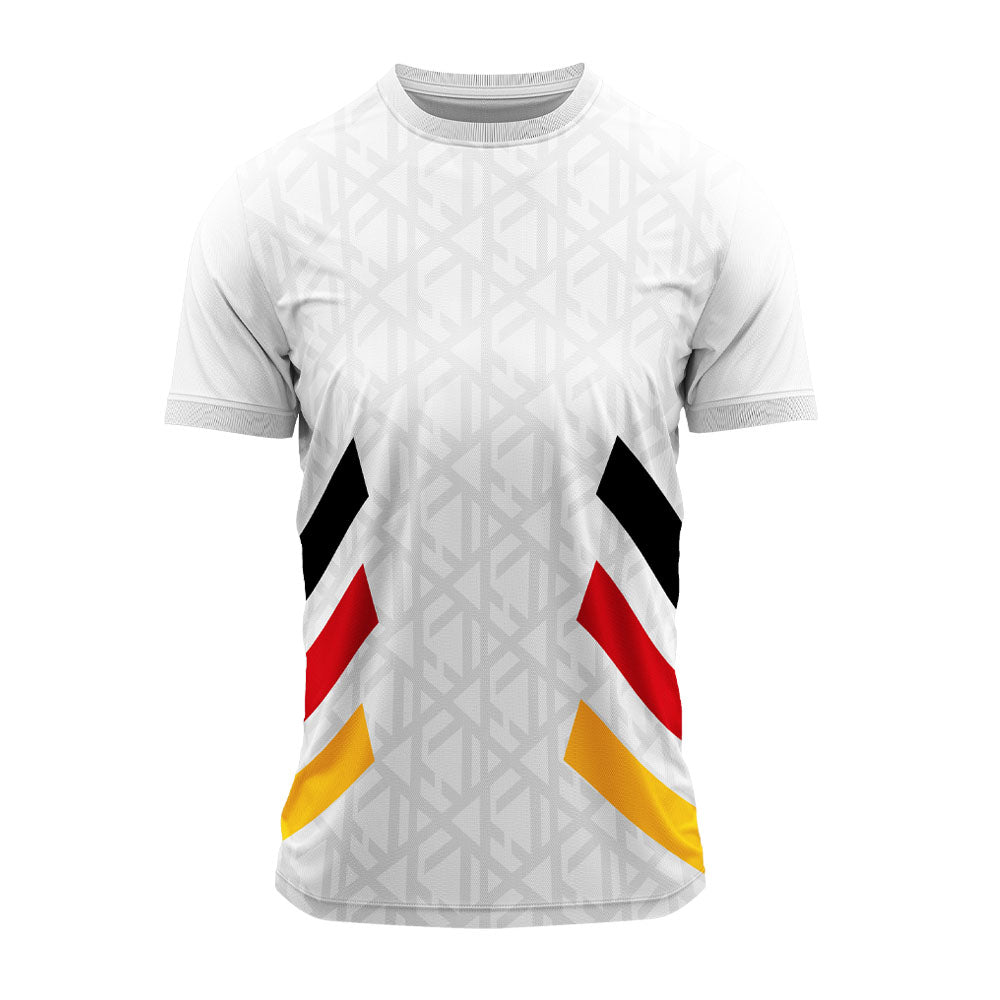 White jersey with tricolor stripe accent front view