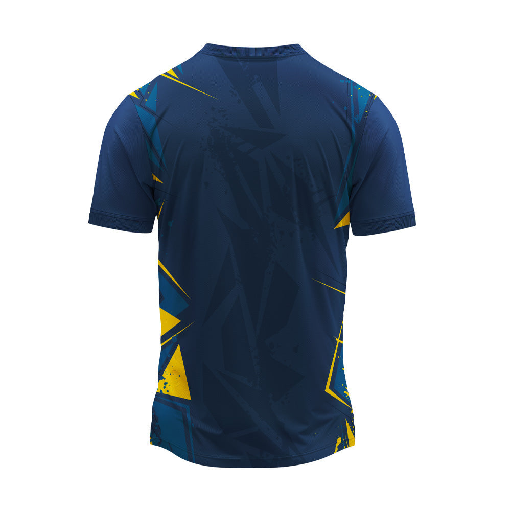 Navy jersey with yellow teal shatter design back view