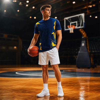 Model wearing navy yellow shatter jersey and white shorts set