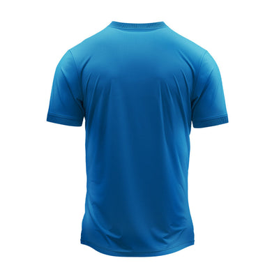 Blue yellow swoosh pattern round neck jersey back view