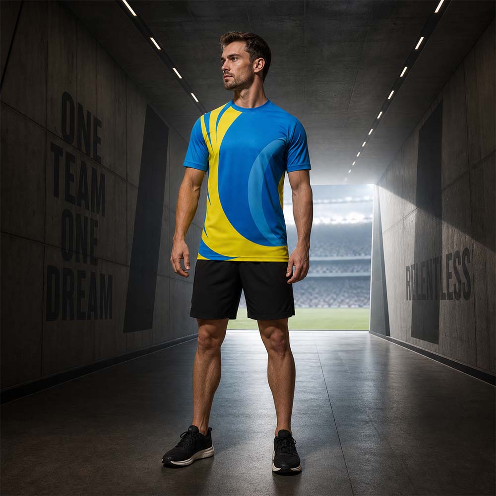 Model wearing blue yellow swoosh jersey and black shorts set