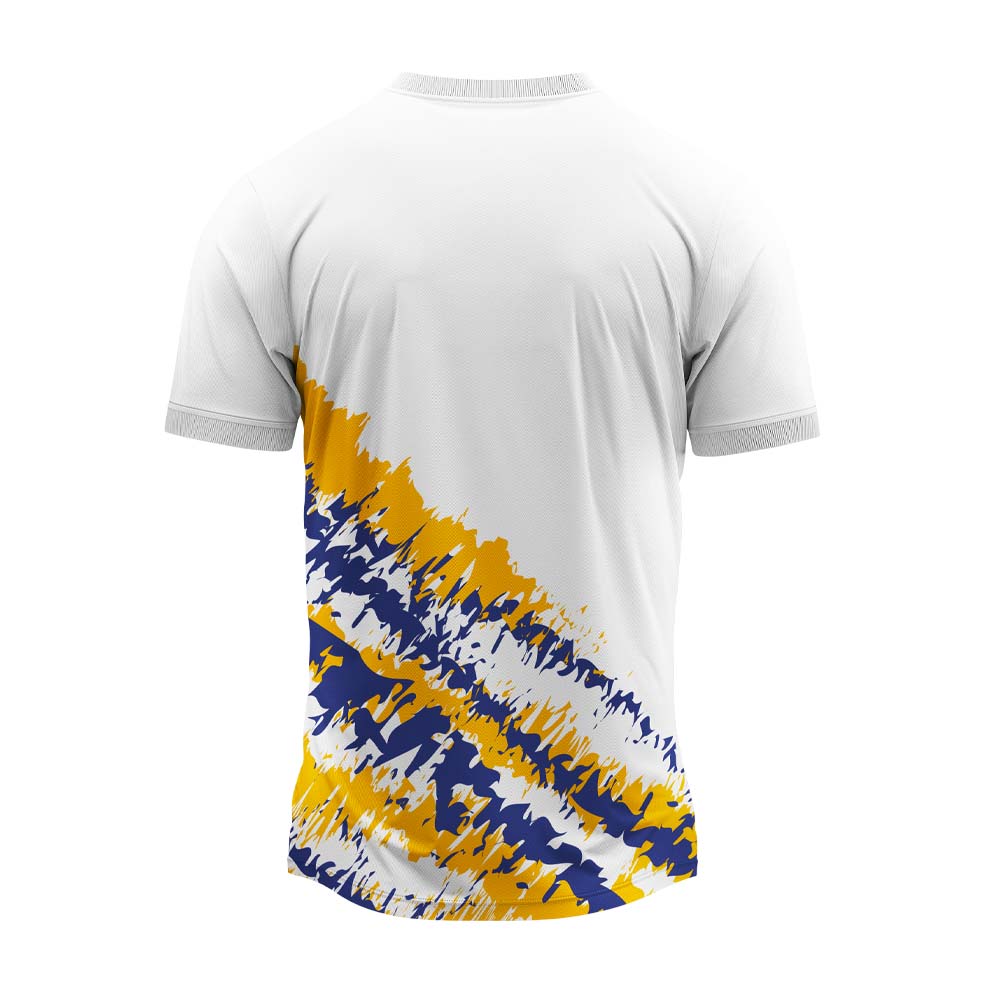 White jersey with blue yellow navy paint splash design back view