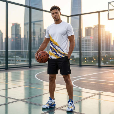 Model wearing white paint splash jersey and black shorts set