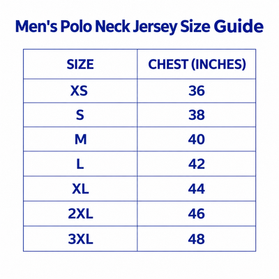 Men's polo jersey size guide: XS 36, S 38, M 40, L 42, XL 44, 2XL 46, 3XL 48-inch chest