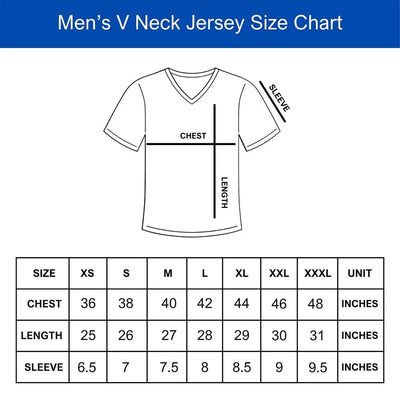 Men's V-neck jersey size chart, XS–3XL: chest 36–48 in, length 25–31 in, sleeve 6.5–9.5 in.