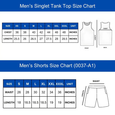 Men's singlet and shorts size chart with chest and waist measurements