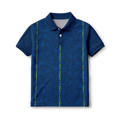 Kids' polo neck sports jersey in navy blue with lime vertical accents, front view.