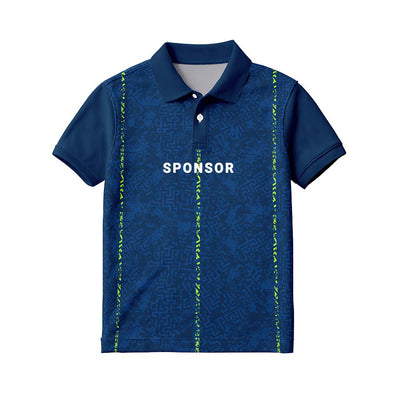 Personalised kids' polo jersey in navy blue with lime vertical accents, with sample SPONSOR text on the front.