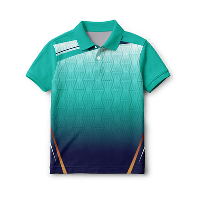 Kids' polo neck sports jersey in teal and navy gradient with white geometric accents, front view.