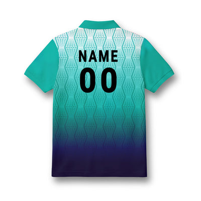 Back of kids' polo jersey in teal and navy gradient with a white geometric pattern, showing sample NAME and number 00 personalisation.