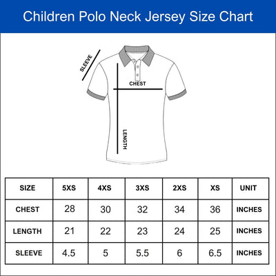 Kids' polo jersey size chart: 5XS–XS; chest 28–36, length 21–25 and sleeve 4.5–6.5 inches. Full measurements in description.
