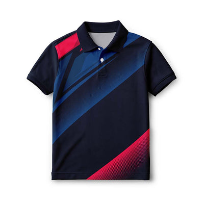 Kids' polo neck sports jersey in navy blue with royal blue diagonal bands and red accents, front view.