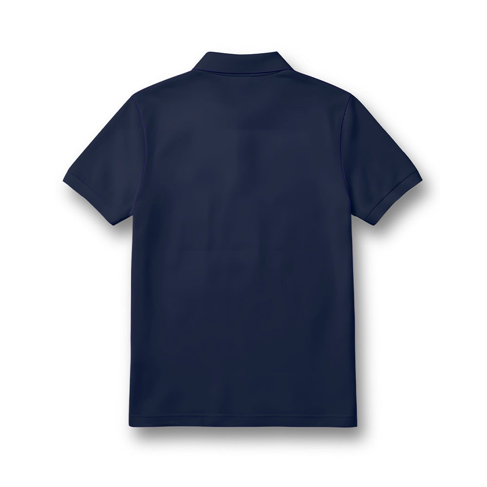 Back of kids' polo neck jersey in plain navy blue.