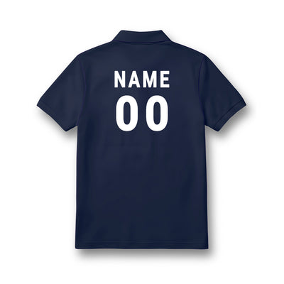 Back of kids' polo jersey in plain navy blue, showing sample NAME and number 00 personalisation.