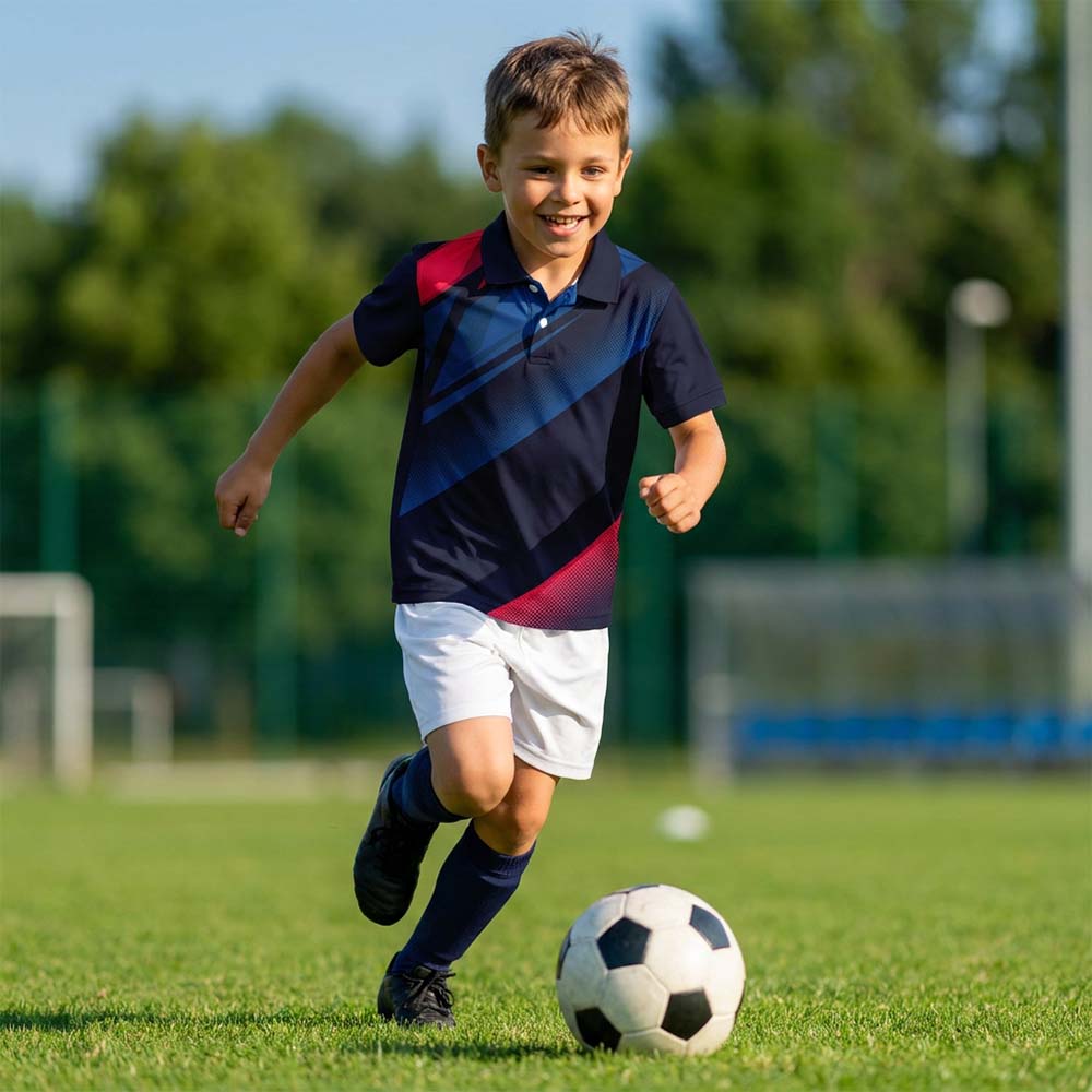 Kids' polo sports jersey in navy blue with royal blue diagonal bands and red accents, worn by a child in white shorts playing football on grass.