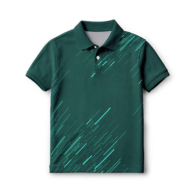 Kids' polo neck sports jersey in forest green with teal diagonal streaks, front view.