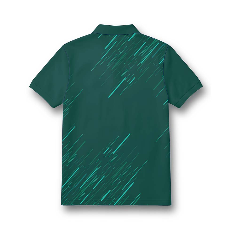 Back of kids' polo neck jersey in forest green with teal diagonal streaks.