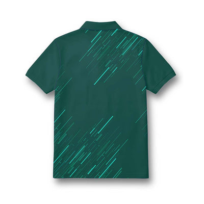 Back of kids' polo neck jersey in forest green with teal diagonal streaks.