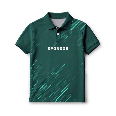 Personalised kids' polo jersey in forest green with teal diagonal streaks, with sample SPONSOR text on the front.