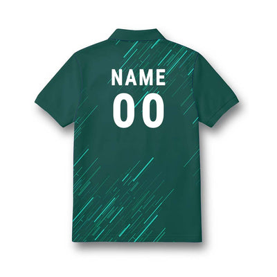 Back of kids' polo jersey in forest green with teal diagonal streaks, showing sample NAME and number 00 personalisation.