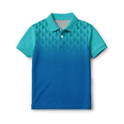 Kids' polo neck sports jersey in turquoise and blue gradient with a geometric shoulder pattern, front view.