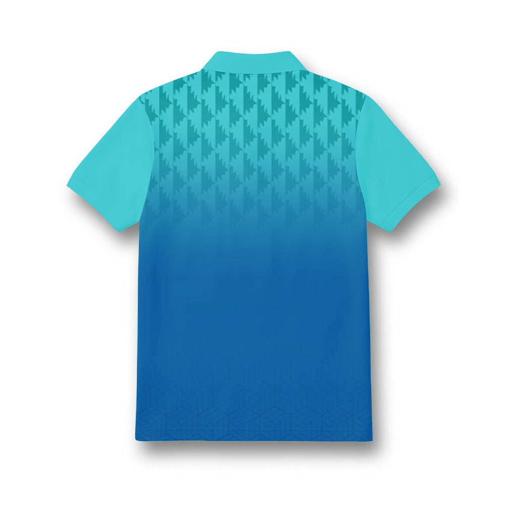 Back of kids' polo neck jersey in turquoise and blue gradient with a geometric shoulder pattern.