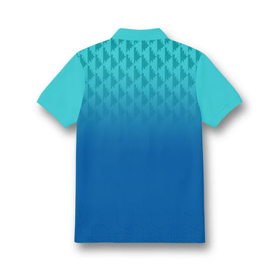 Back of kids' polo neck jersey in turquoise and blue gradient with a geometric shoulder pattern.