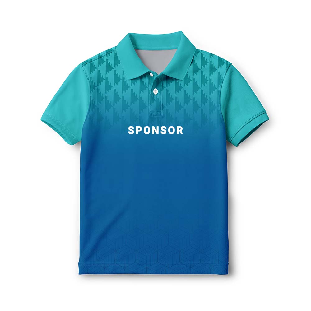 Personalised kids' polo jersey in turquoise and blue gradient with a geometric shoulder pattern, with sample SPONSOR text on the front.