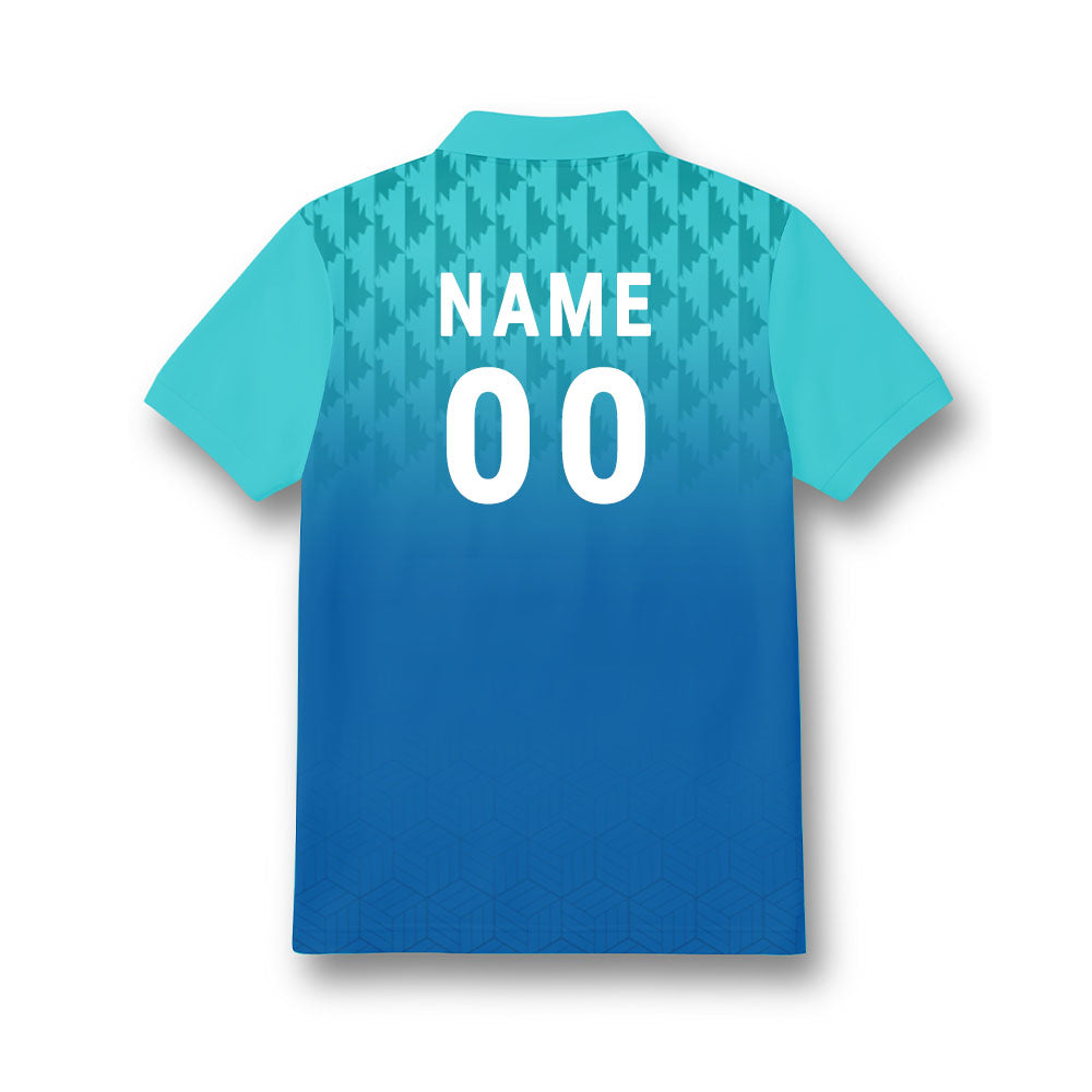 Back of kids' polo jersey in turquoise and blue gradient with a geometric shoulder pattern, showing sample NAME and number 00 personalisation.