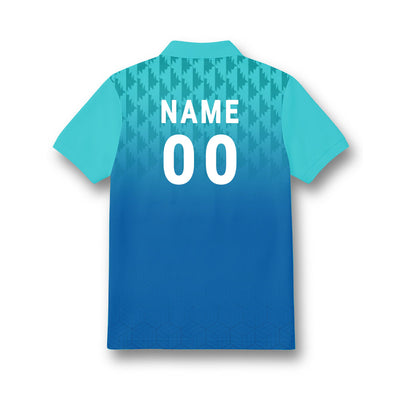 Back of kids' polo jersey in turquoise and blue gradient with a geometric shoulder pattern, showing sample NAME and number 00 personalisation.