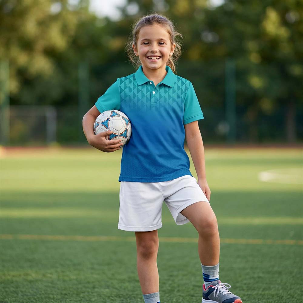 Kids' polo sports jersey in turquoise and blue gradient with a geometric shoulder pattern, worn by a child in white shorts holding a football on grass.