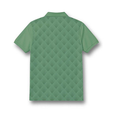 Back of kids' polo neck jersey in sage green with a subtle geometric pattern.