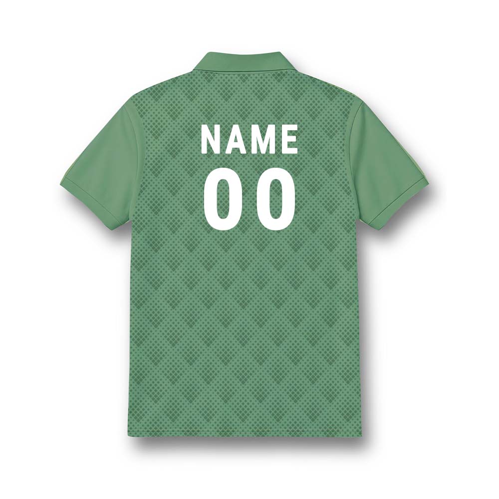 Back of kids' polo jersey in sage green with a subtle geometric pattern, showing sample NAME and number 00 personalisation.