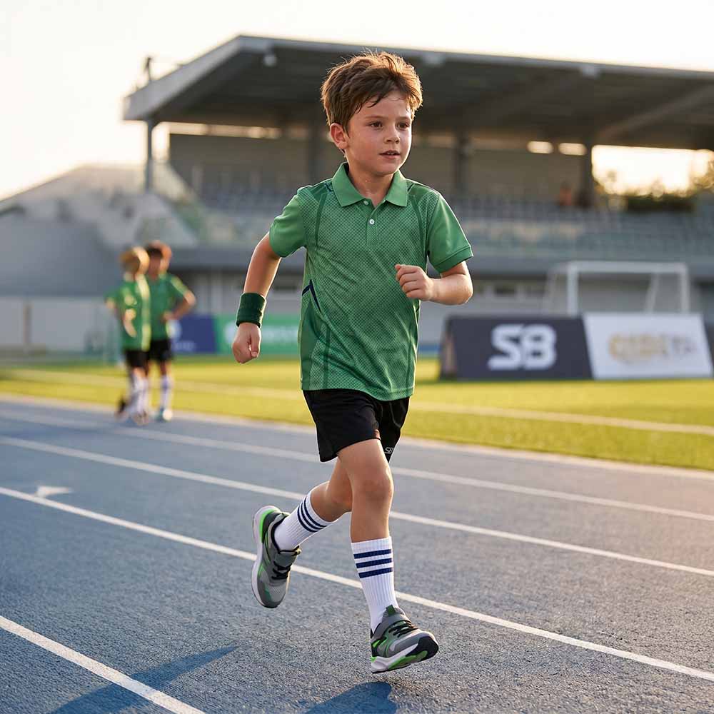 Kids' polo sports jersey in sage green with a subtle geometric pattern, worn by a child in black shorts running on an athletics track.