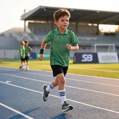 Kids' polo sports jersey in sage green with a subtle geometric pattern, worn by a child in black shorts running on an athletics track.