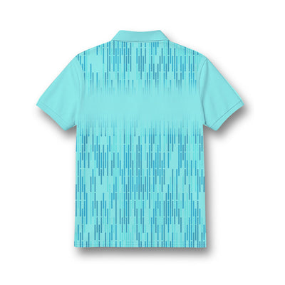 Back of kids' polo neck jersey in aqua blue with fine vertical geometric lines.