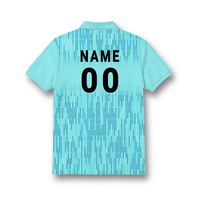 Back of kids' polo jersey in aqua blue with fine vertical geometric lines, showing sample NAME and number 00 personalisation.