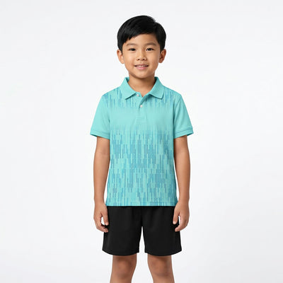 Kids' polo sports jersey in aqua blue with fine vertical geometric lines, worn by a child in black shorts standing in a studio.