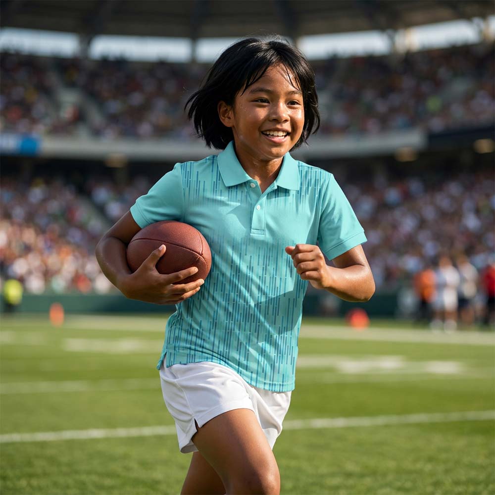 Kids' polo sports jersey in aqua blue with fine vertical geometric lines, worn by a child in white shorts running with an oval ball on a sports field.